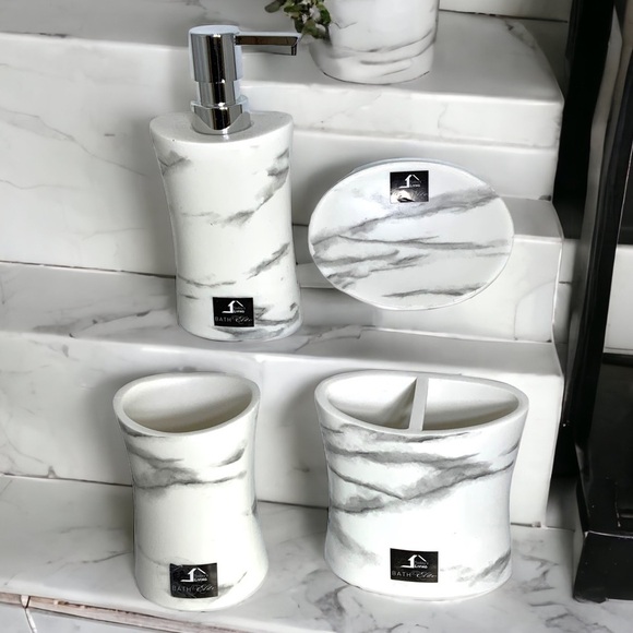 Todays Living Marble Elite Bath Accessory Set Lux White Grey Resin 4 Piece Set - Picture 9 of 15